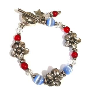 VINTAGE SILVER-TONE FLOWER BEADED DANGLING TOGGLE CLASP 6.5" BRACELET